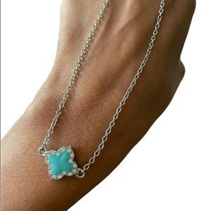 Clover Necklace. Cubic Zirconia Turquoise Pendant w Stainless Steel Chain. Short